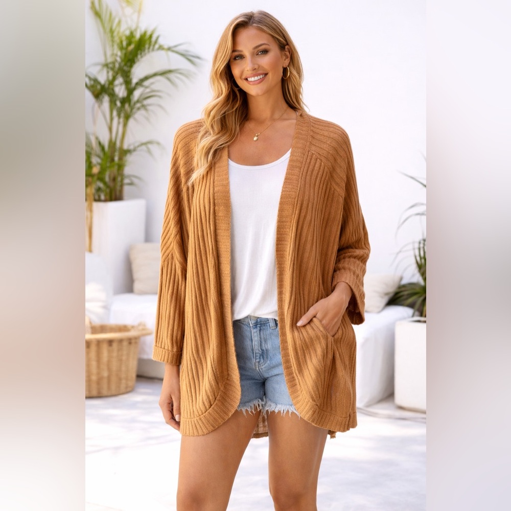 Luxology Ribbed Open-Front Cardigan - Camel Brown